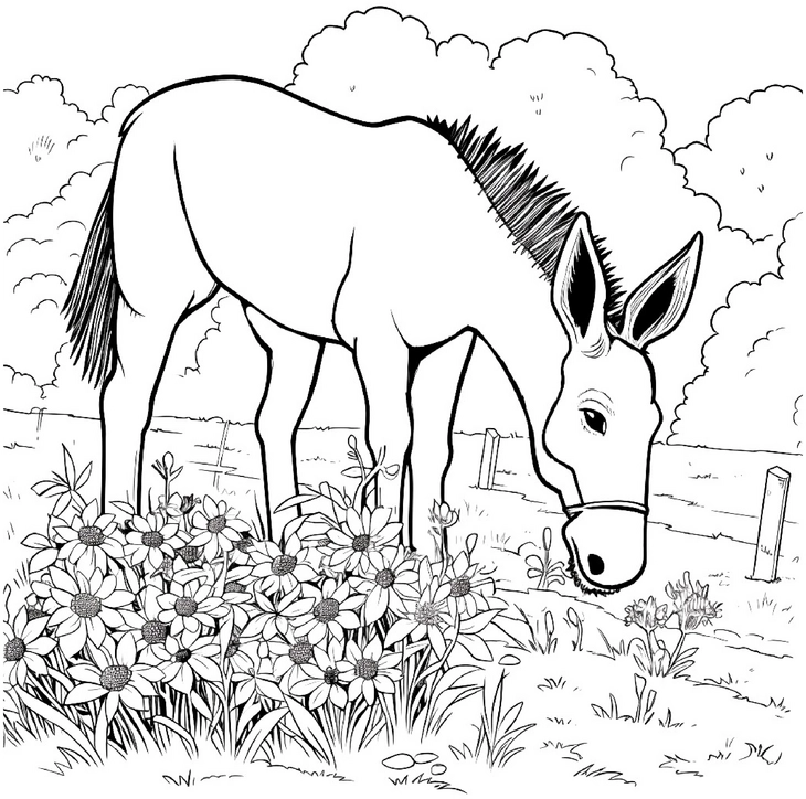 malvorlage-esel-auf-der-wiese-mit-blumen