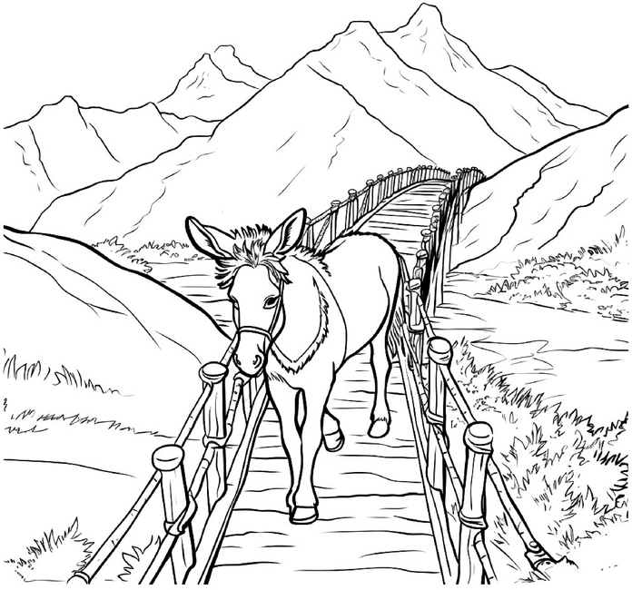malvorlage-esel-auf-holzbruecke-in-den-bergen