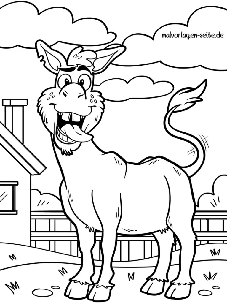malvorlage-esel-in-froehlicher-landschaft