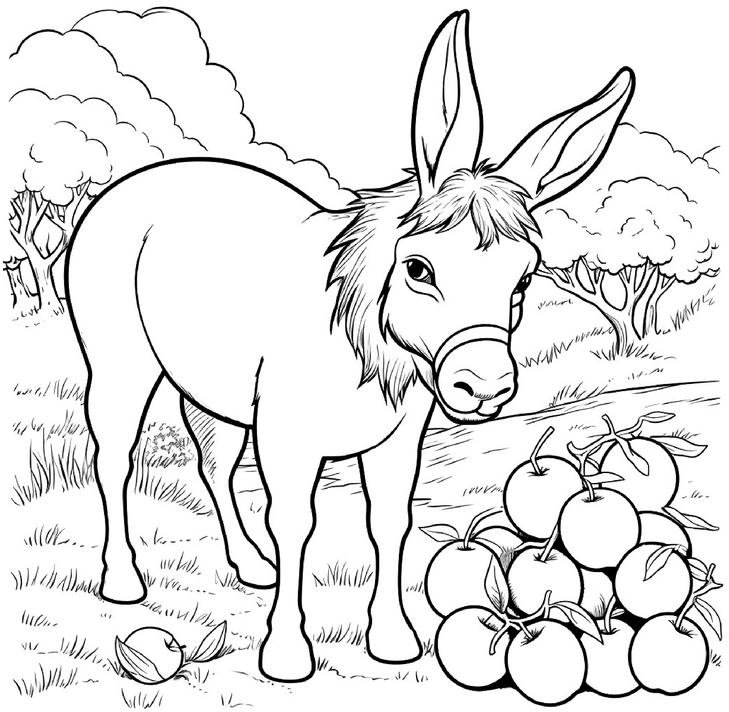 malvorlage-esel-mit-aepfeln-in-der-natur