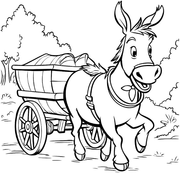 malvorlage-esel-mit-wagen-in-der-natur
