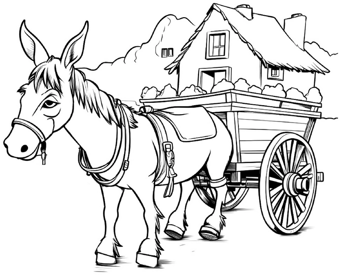 malvorlage-esel-mit-wagen-und-haus