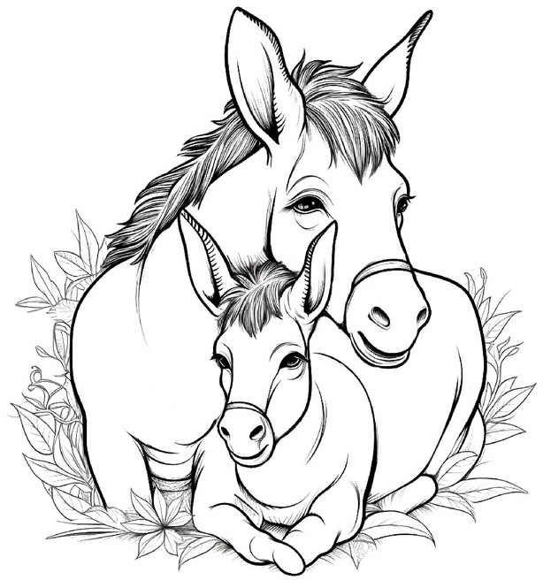 malvorlage-esel-und-fohlen-in-sanfter-umarmung