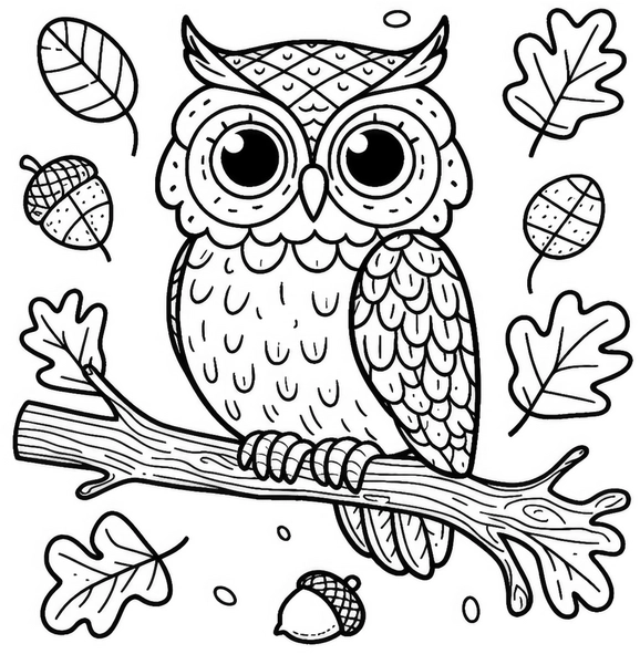 malvorlage-eule-auf-ast-mit-eicheln
