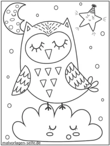 malvorlage-eule-auf-wolke-mit-mond-und-sternen