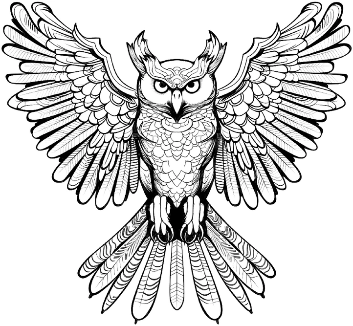 malvorlage-eule-ausgebreitete-fluegel-in-detail