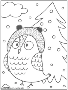 malvorlage-eule-im-winter-und-schneebaum