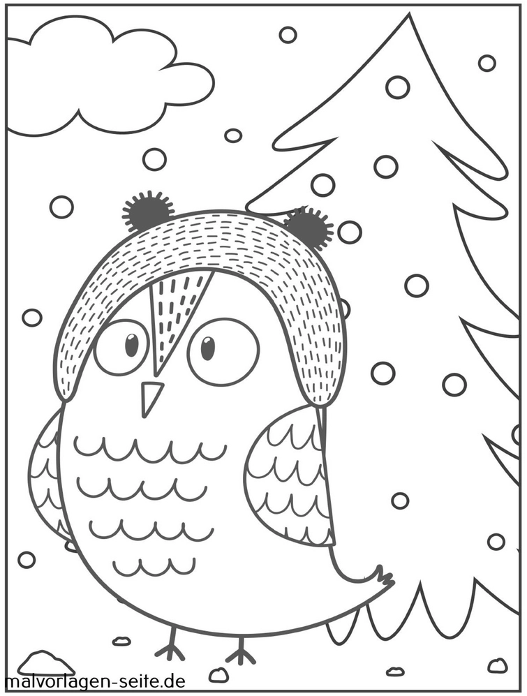 malvorlage-eule-im-winter-und-schneebaum