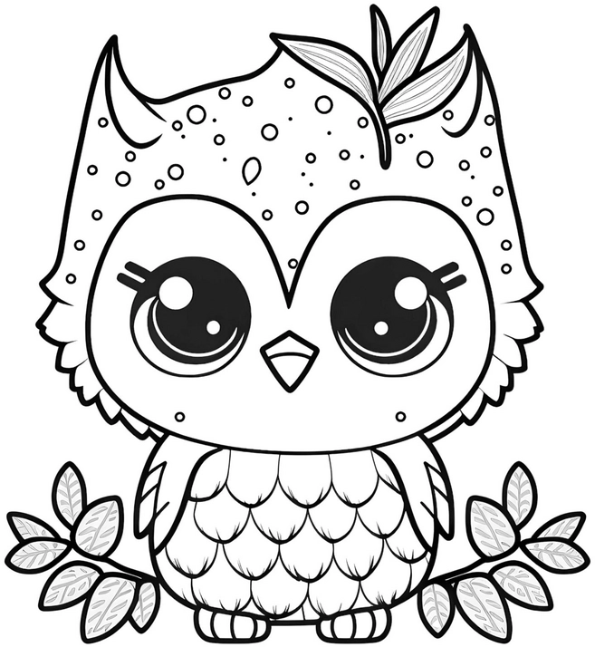 malvorlage-eule-mit-blaettern-und-kawaii-stil