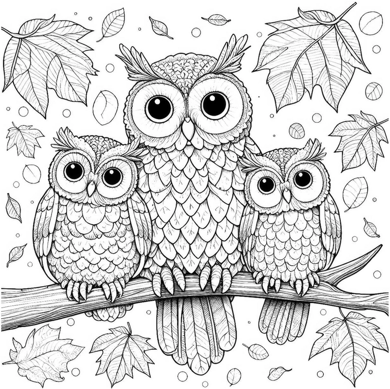 malvorlage-eulen-auf-ast-mit-herbstlaub
