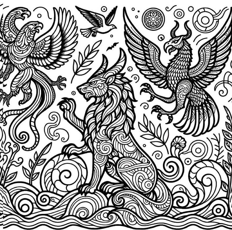 malvorlage-fabelwesen-loewen-und-voegel