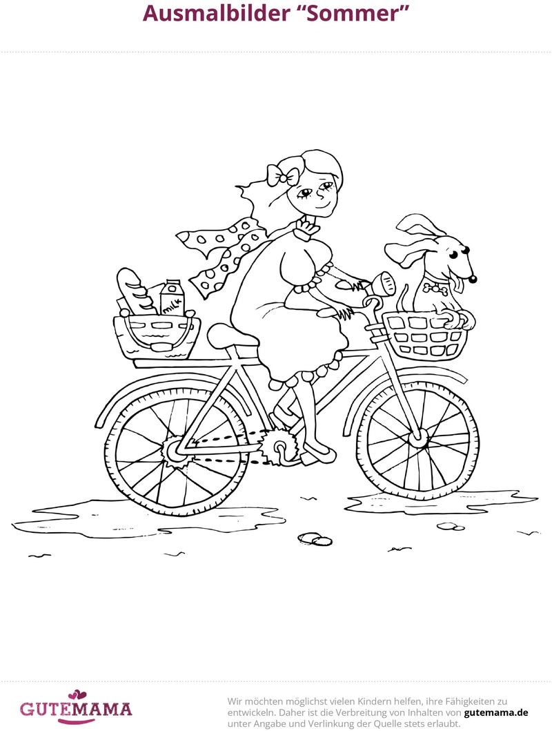 malvorlage-fahrradfahrendes-maedchen-mit-hund-im-sommer