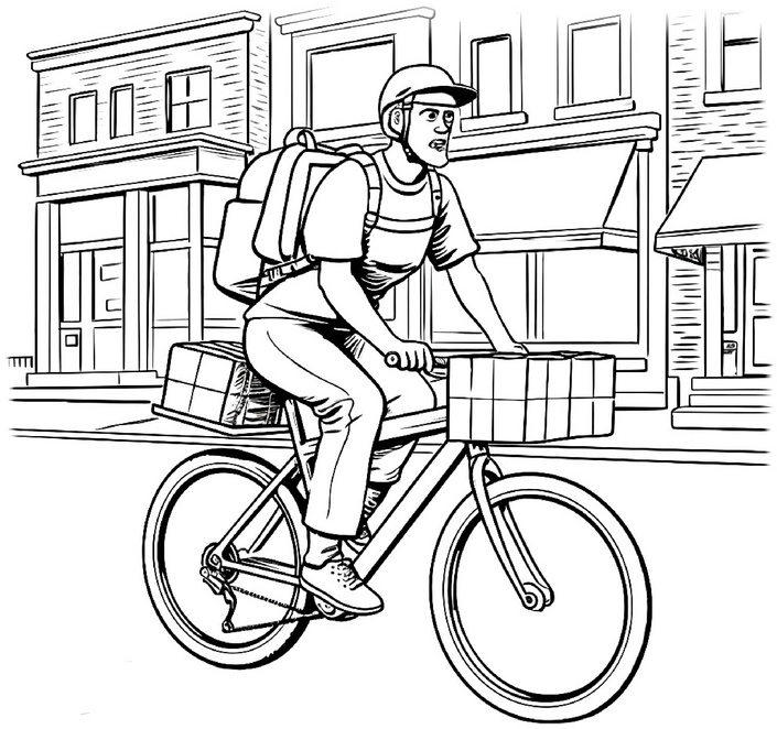 malvorlage-fahrradkurier-in-der-stadt