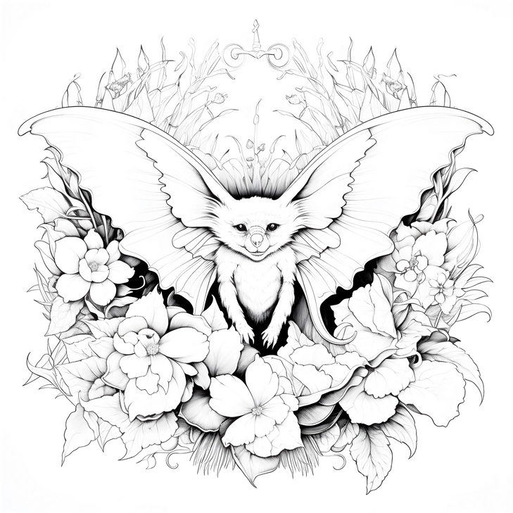 malvorlage-fantasie-fledermaus-und-blumen