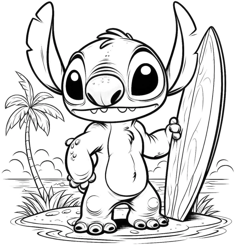 malvorlage-fantasiecharakter-am-strand-mit-surfbrett