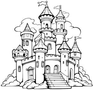 malvorlage-fantasieschloss-mit-tuermen-und-wolken