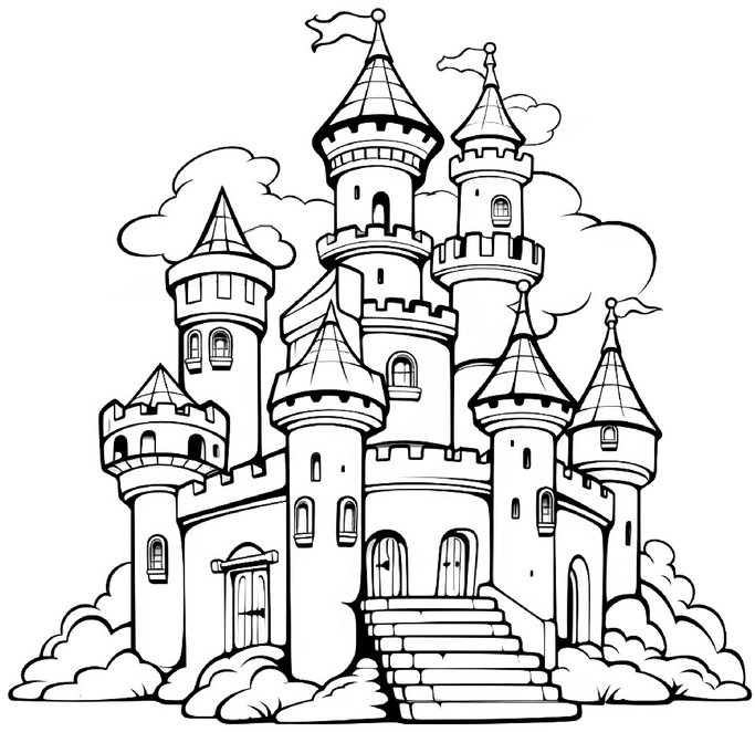 malvorlage-fantasieschloss-mit-tuermen-und-wolken