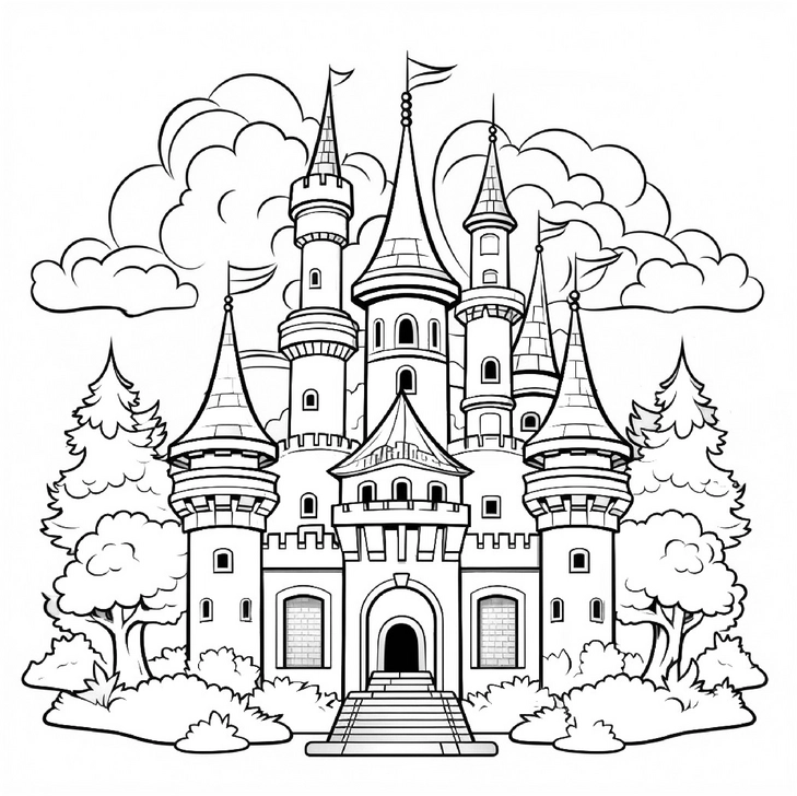 malvorlage-fantasievolle-burg-mit-details