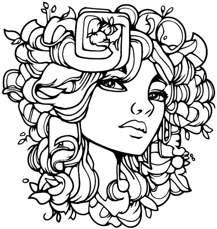 malvorlage-fantasievolle-frau-mit-haaren-und-pflanzen