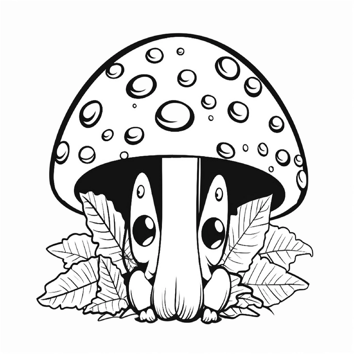 malvorlage-fantasievoller-pilz-unter-hut-mit-blaettern