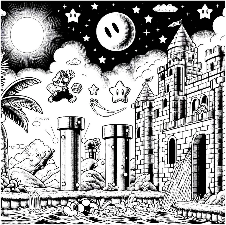 malvorlage-fantastische-welt-mit-ikonischen-charakter