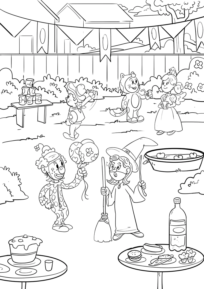 malvorlage-faschingsparty-mit-clown-und-bunten-figuren