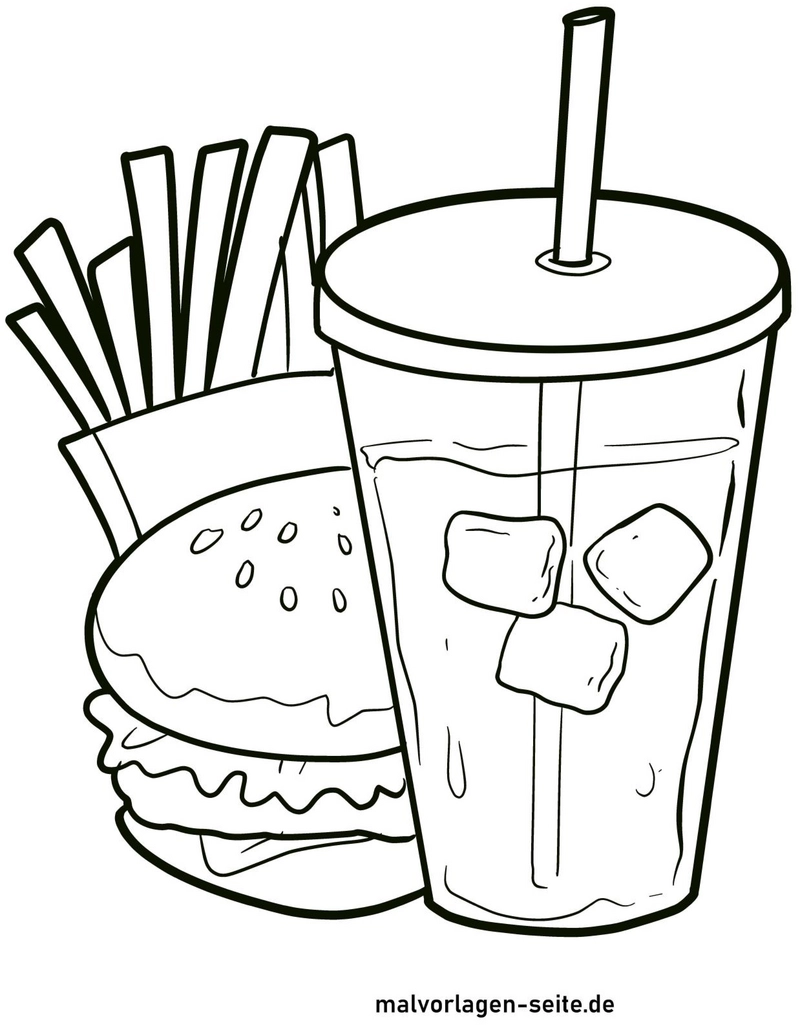 malvorlage-fast-food-burger-pommes-getraenk
