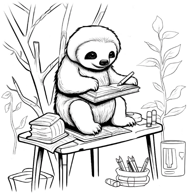 malvorlage-faultier-beim-schreiben-mit-pflanzen-und-buechern