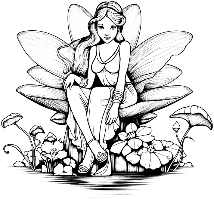 malvorlage-fee-auf-bluete-mit-blumen