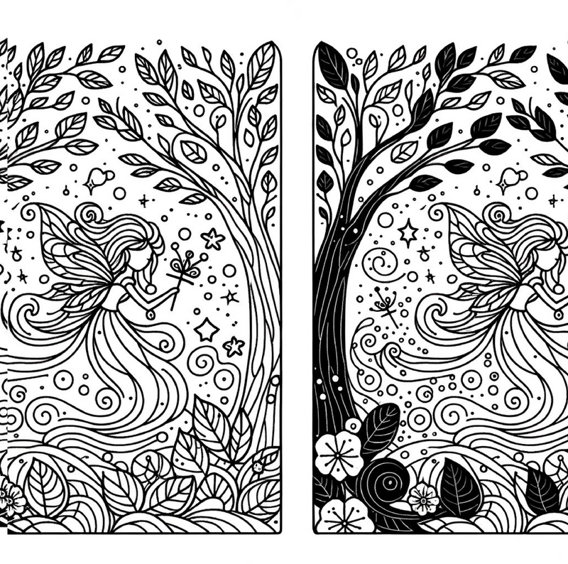 malvorlage-fee-im-wald-mit-blumen-und-sternen