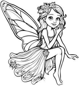 malvorlage-fee-mit-blumen-und-fluegel