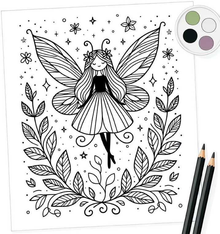 malvorlage-fee-mit-blumen-und-sternen