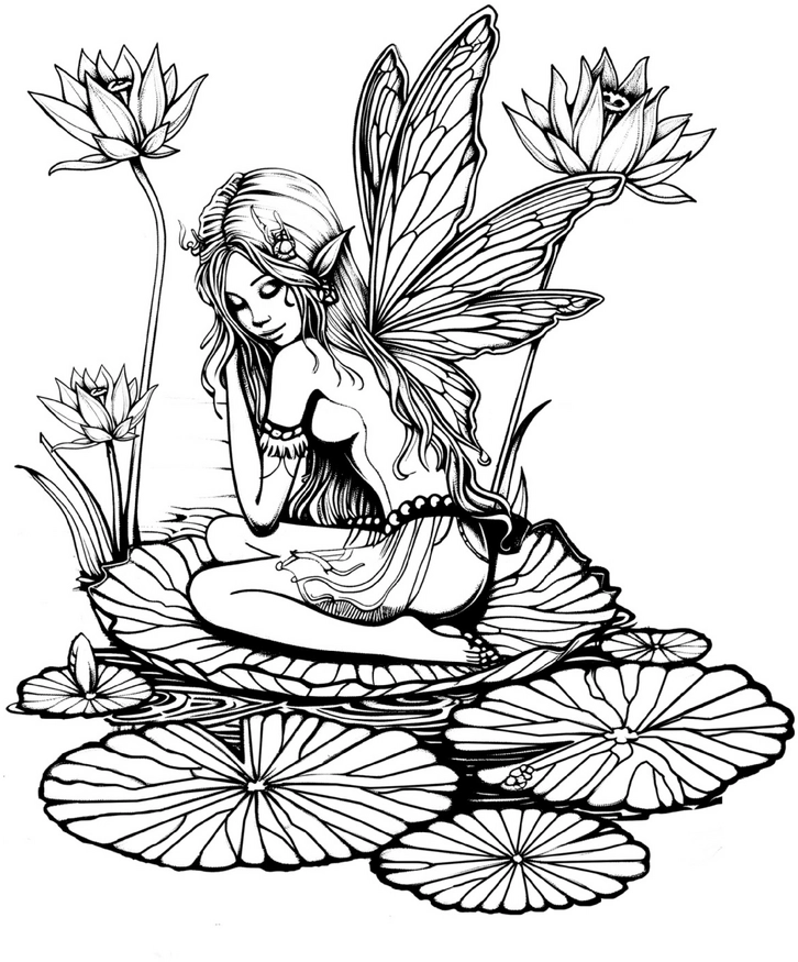 malvorlage-fee-mit-seerosen