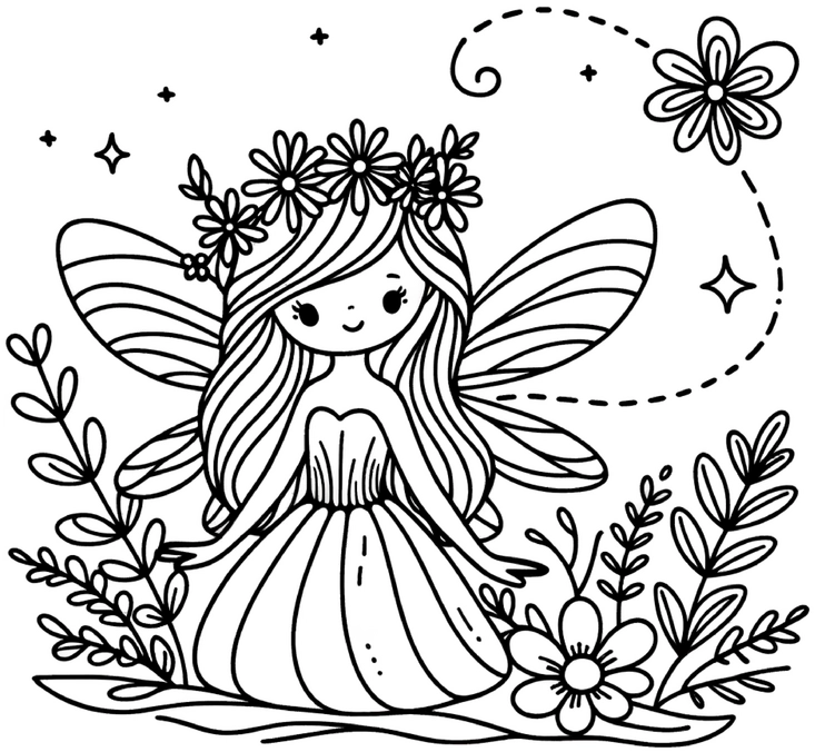 malvorlage-fee-umgeben-von-blumen-und-pflanzen