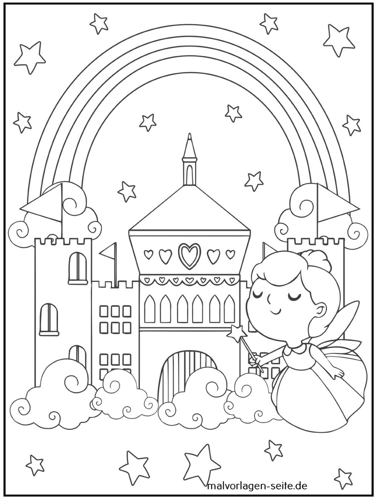 malvorlage-feen-elfen-mit-schloss-und-regenbogen