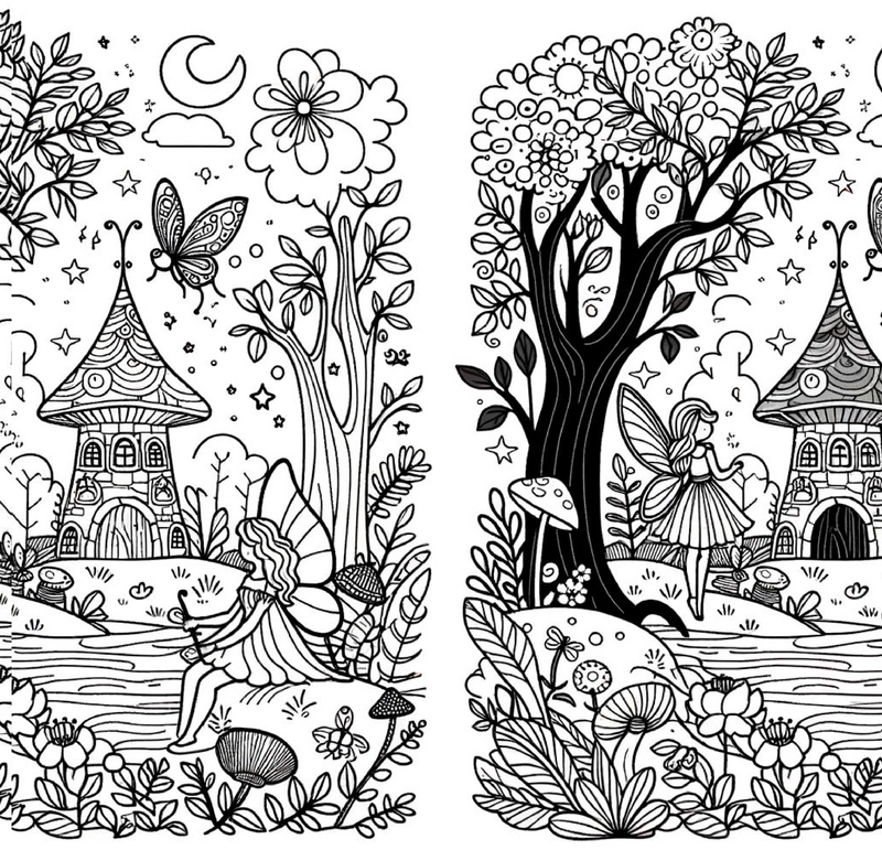 malvorlage-feen-im-maerchenwald-mit-pflanzen-und-tieren