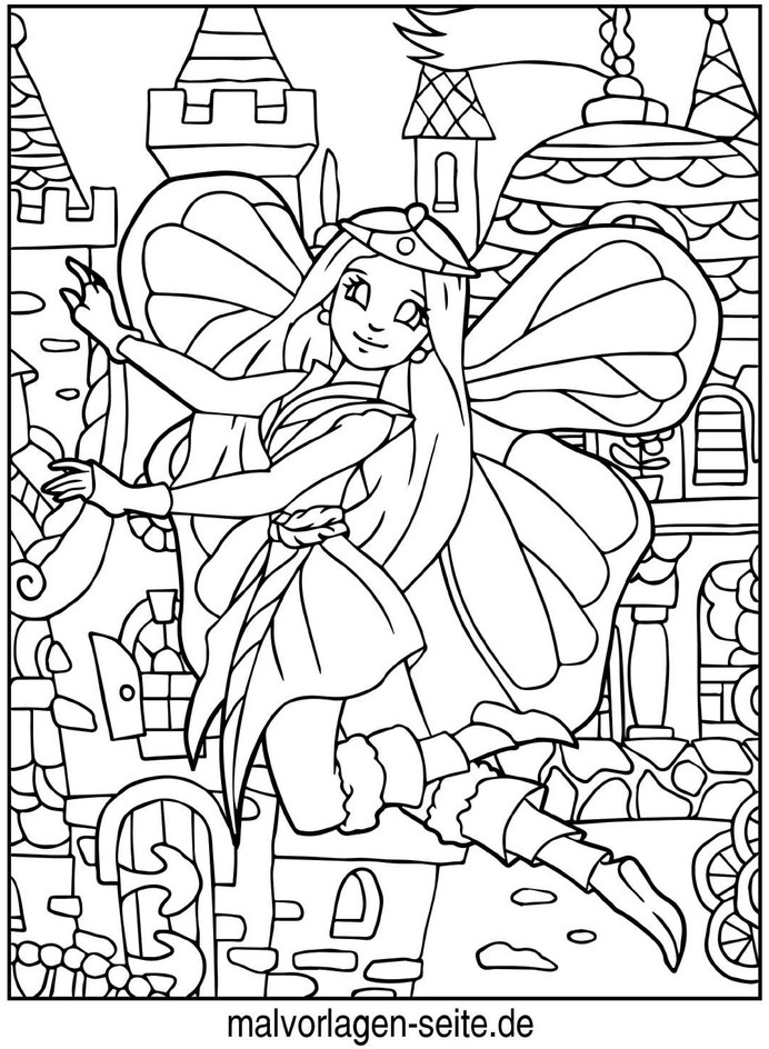 malvorlage-feenfigur-in-fantasievoller-umgebung