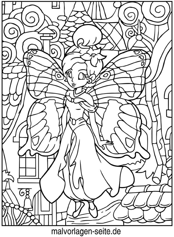 malvorlage-feenfigur-mit-schmetterlingsfluegeln-in-fantasievoller-umgebung