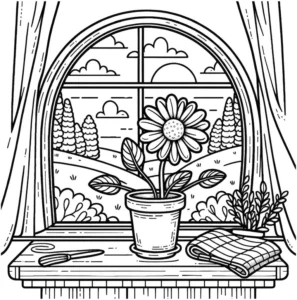 malvorlage-fensterblick-mit-blume-und-landschaft