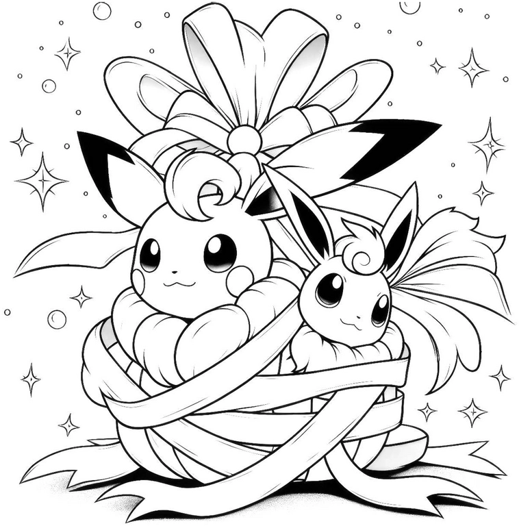 malvorlage-festliche-charaktere-in-schleifen-und-geschenken