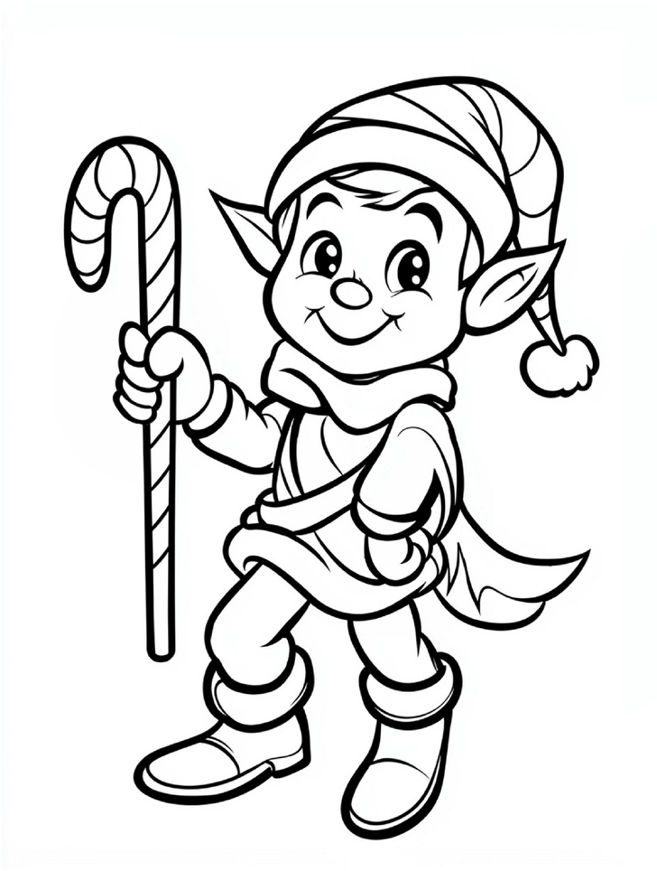 malvorlage-festlicher-elf-mit-zuckerstock-und-hut