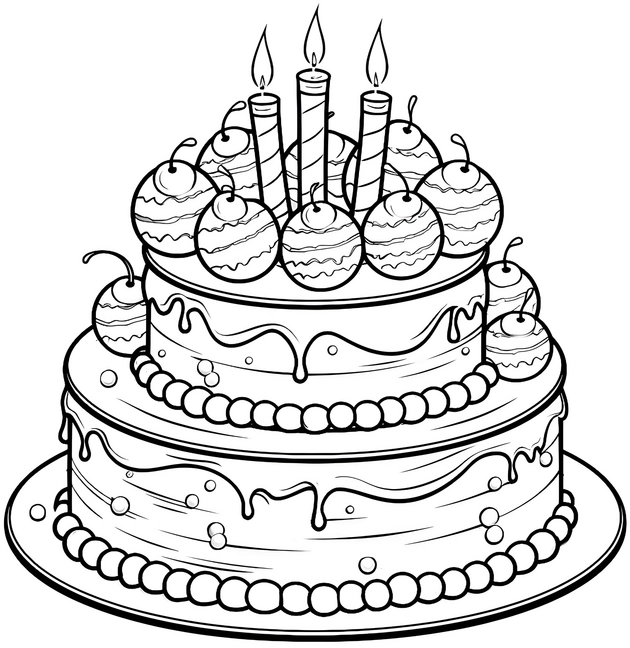 malvorlage-festlicher-kuchen-mit-kerzen-und-obst