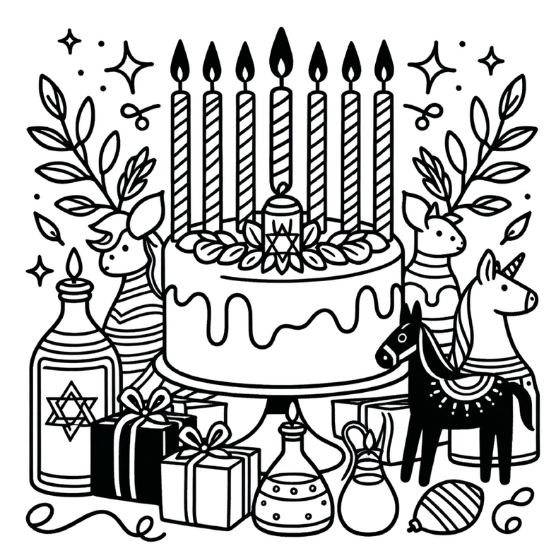 malvorlage-festlicher-kuchen-mit-tieren-und-geschenken