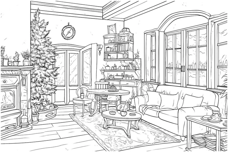 malvorlage-festlicher-wohnraum-mit-weihnachtsbaum