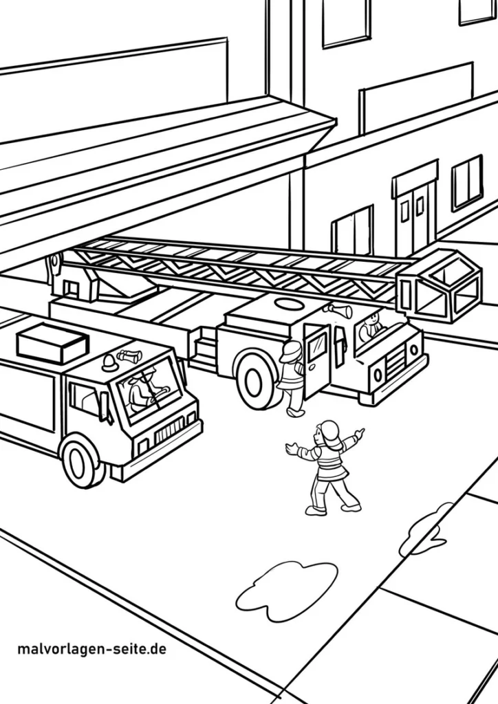 malvorlage-feuerwehr-einsatzfahrzeuge-und-feuerwehrleute