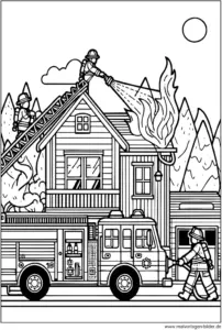 malvorlage-feuerwehr-loescht-ein-brennendes-haus
