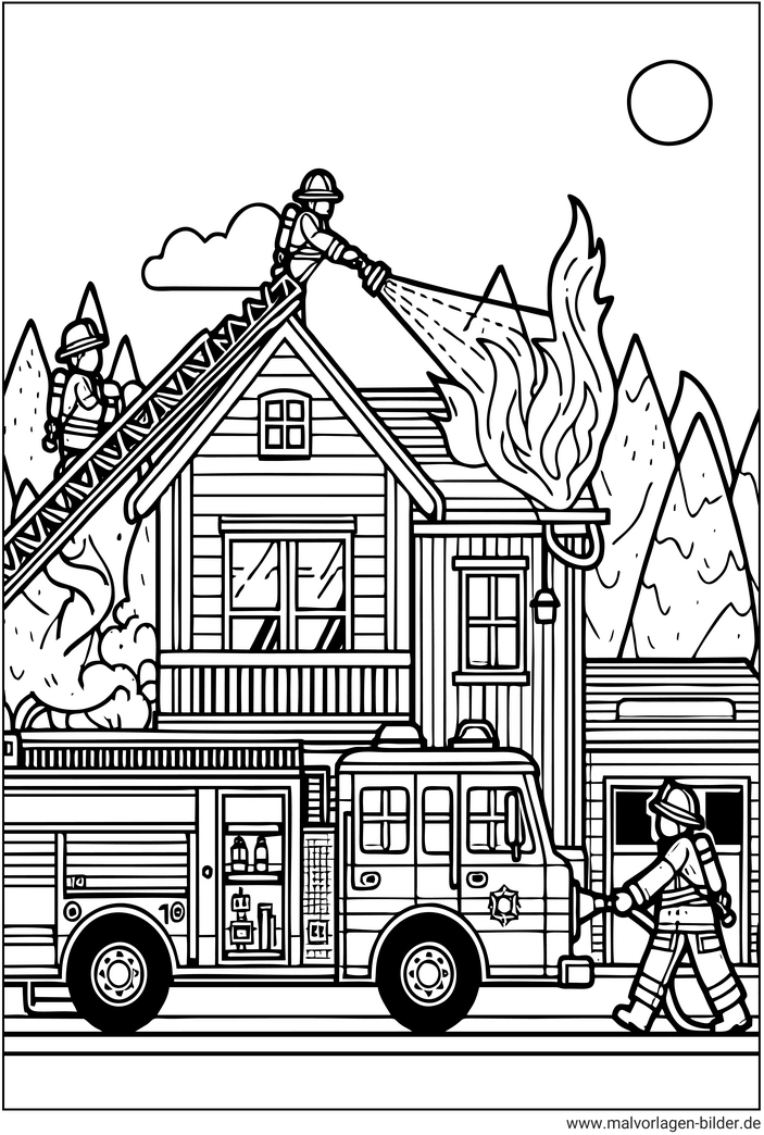 malvorlage-feuerwehr-loescht-ein-brennendes-haus