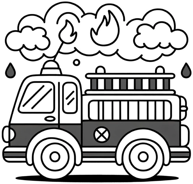 malvorlage-feuerwehr-mit-feuer-und-wolken