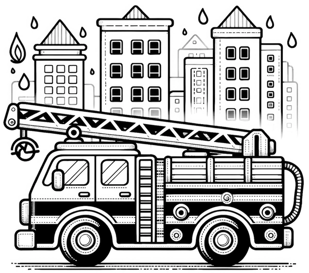 malvorlage-feuerwehrauto-in-der-stadt-mit-regenschauern