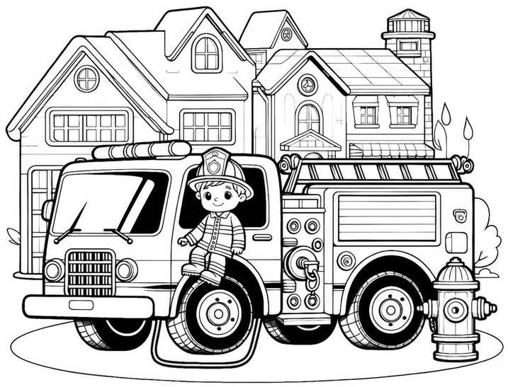 malvorlage-feuerwehrfahrzeug-mit-feuerwehrmann-und-haeusern